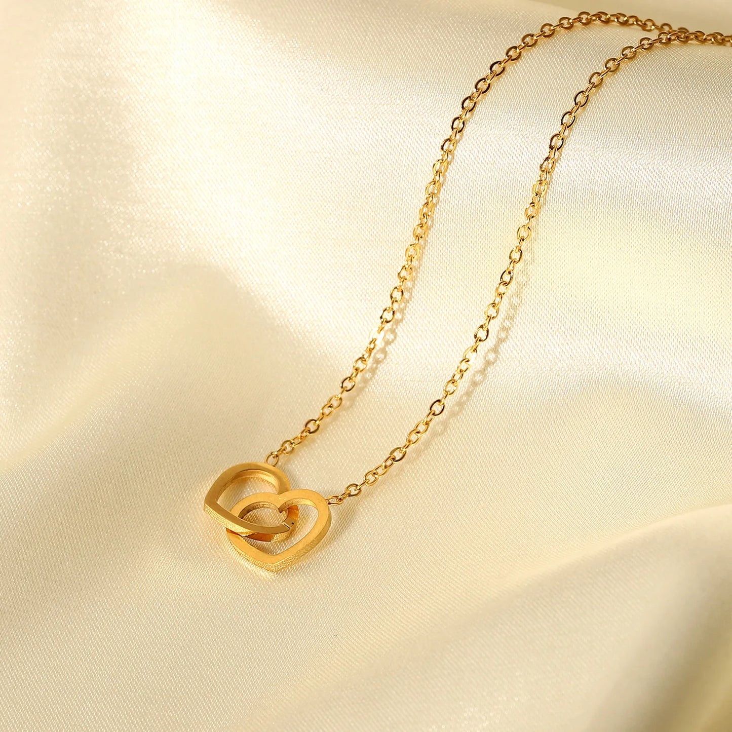 Double Heart Ring 18K Gold Plated Stainless Steel Necklace