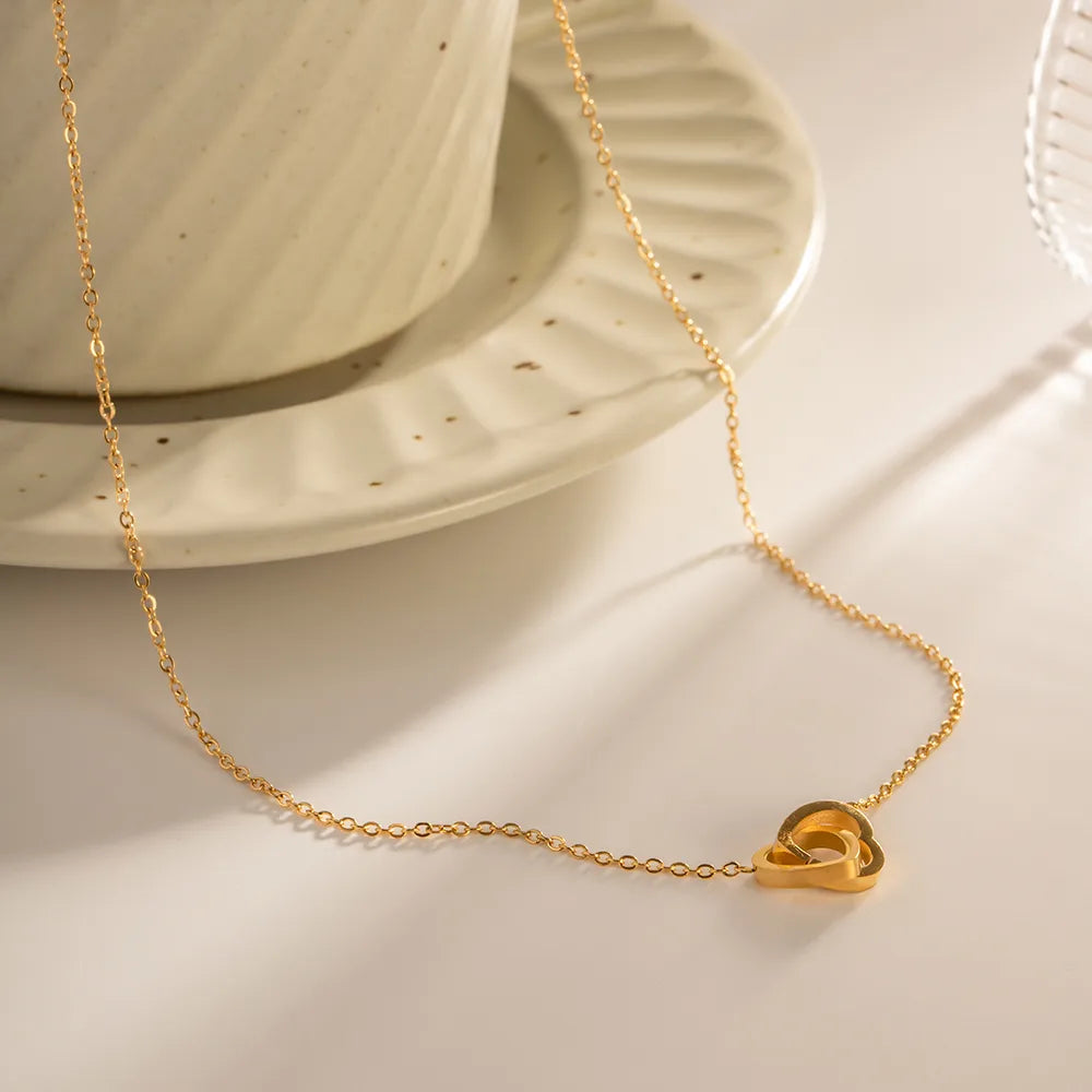Double Heart Ring 18K Gold Plated Stainless Steel Necklace