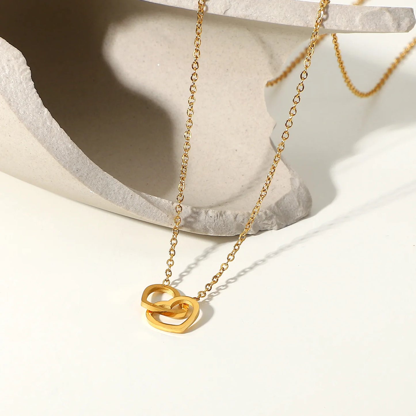 Double Heart Ring 18K Gold Plated Stainless Steel Necklace