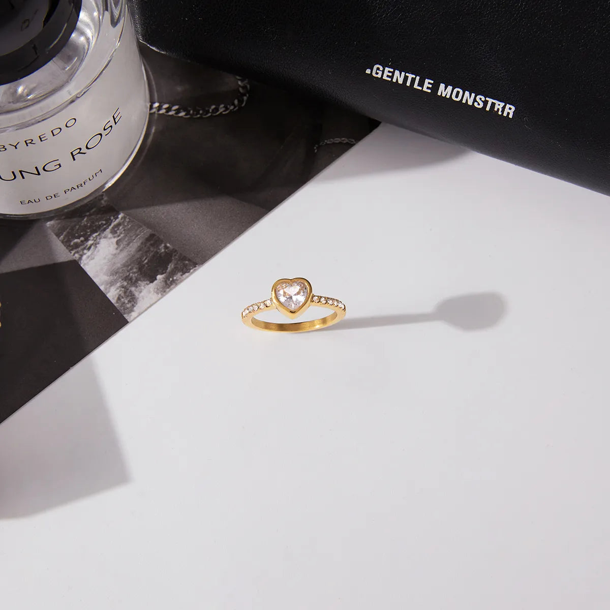 Classic Heart Style 18K Gold 304 Stainless Steel + Zircon White Ring