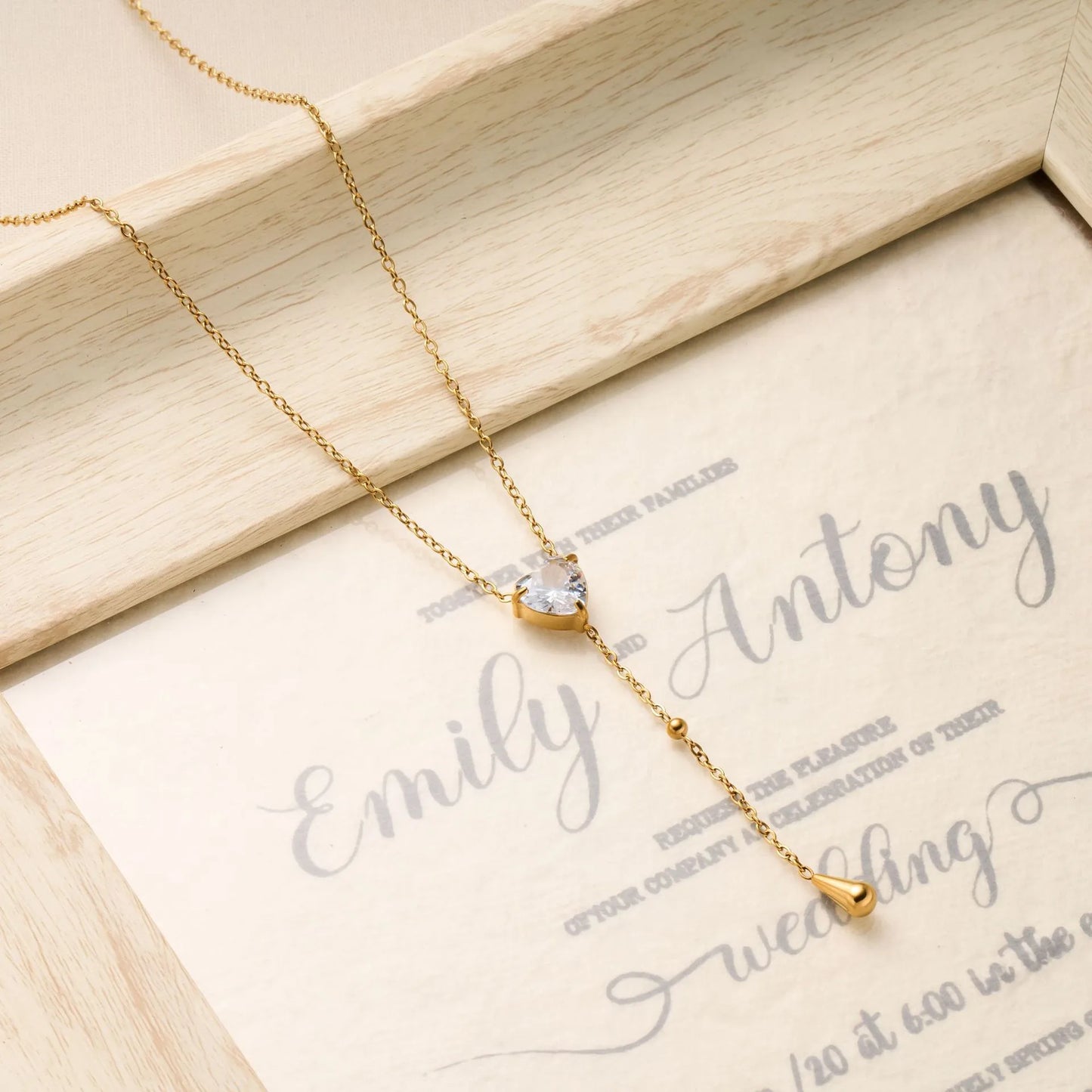 Y-shaped 18K Gold Plated Titanium Steel Zircon Heart Necklace