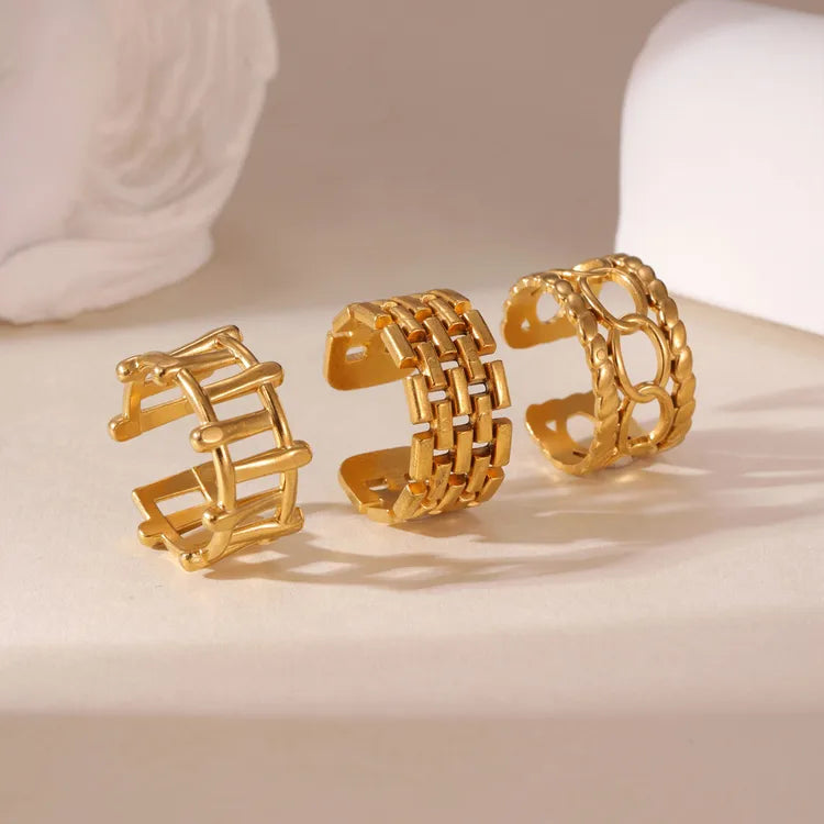 Three-Piece Geometric 18K Gold-Plated Stainless Steel Ring Set