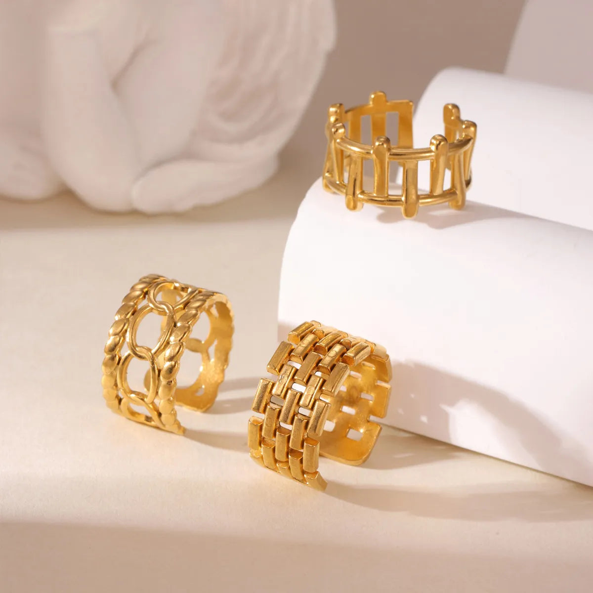 Three-Piece Geometric 18K Gold-Plated Stainless Steel Ring Set