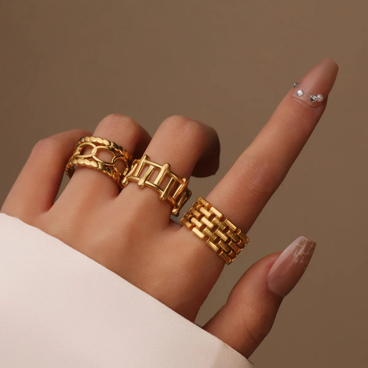Three-Piece Geometric 18K Gold-Plated Stainless Steel Ring Set