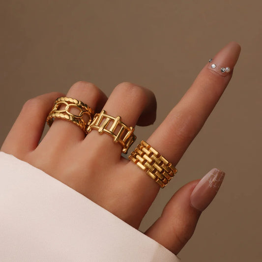 Three-Piece Geometric 18K Gold-Plated Stainless Steel Ring Set