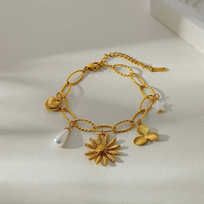 Sunflower 18K Gold Stainless Steel Butterfly Pendant Bracelet