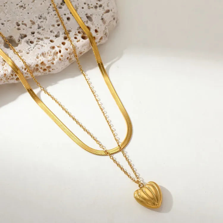 Elegant Heart 18K Gold Plated and Stainless Steel Double Necklace