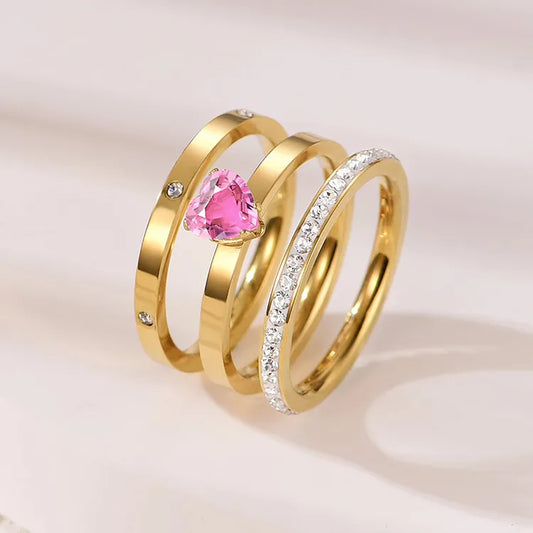 3 Piece Pink Heart 304 Stainless Steel Zircon 18K Gold Plated Ring