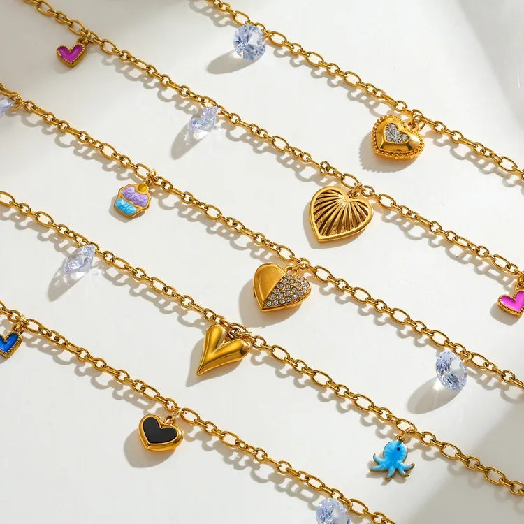 Cute Heart Charms 18K Gold Plated Zircon Star Heart 304 Stainless Steel Necklace