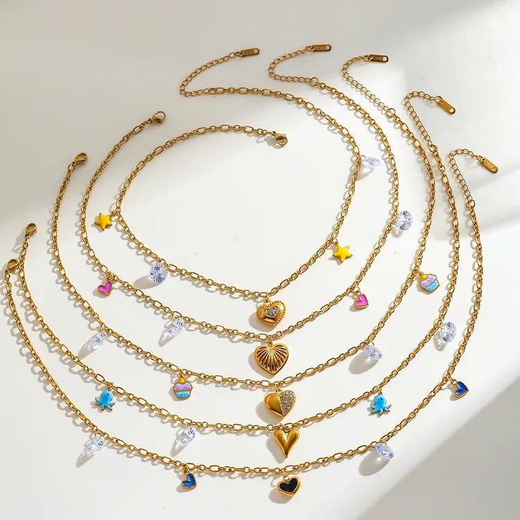 Cute Heart Charms 18K Gold Plated Zircon Star Heart 304 Stainless Steel Necklace