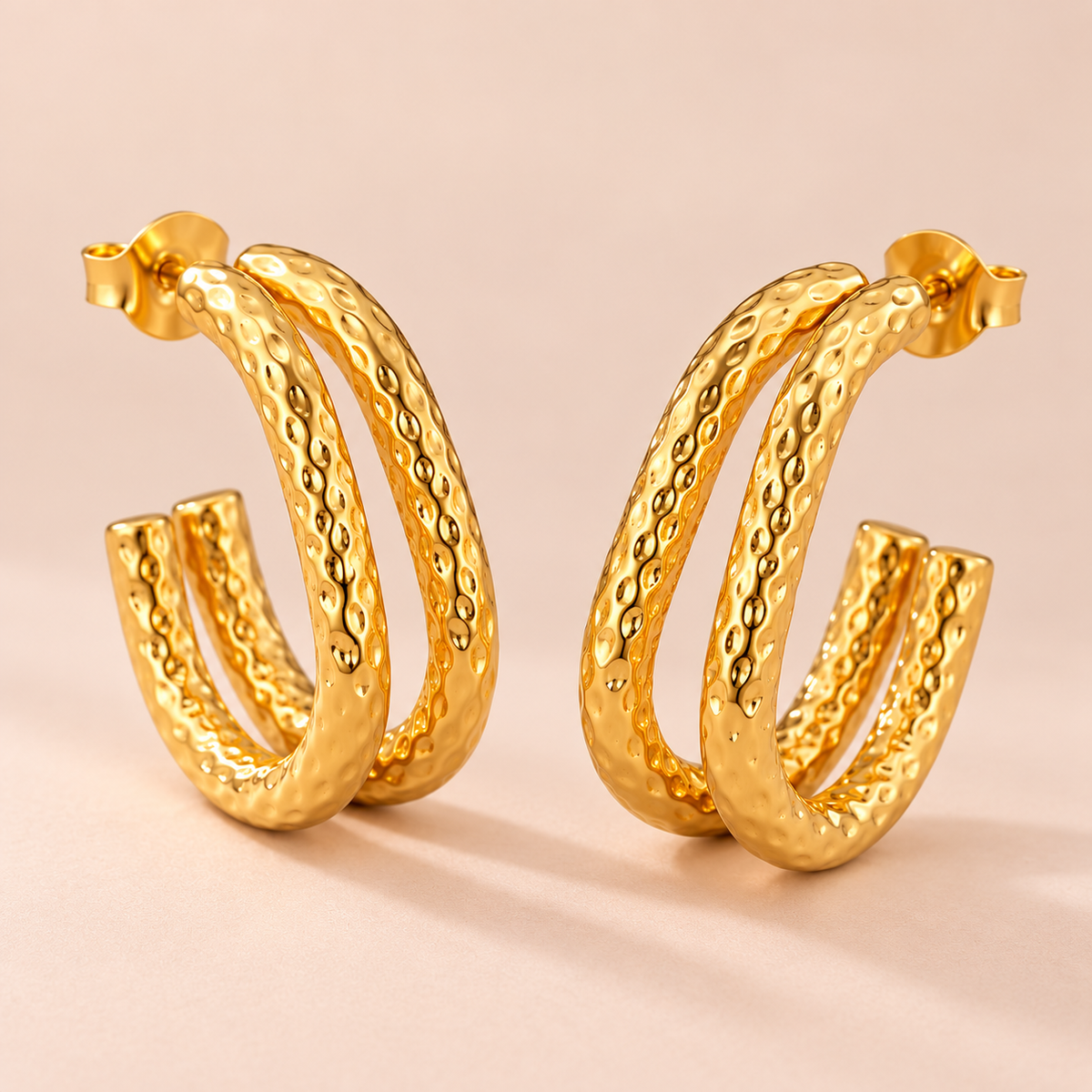 Hammered Stud 18K Gold Plated Hoop Earring