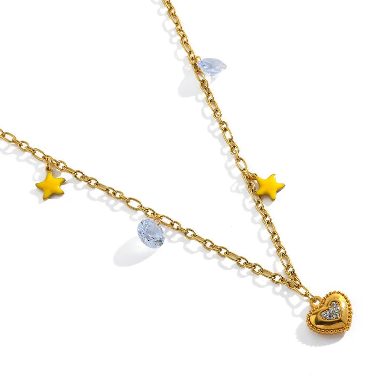 Cute Heart Charms 18K Gold Plated Zircon Star Heart 304 Stainless Steel Necklace