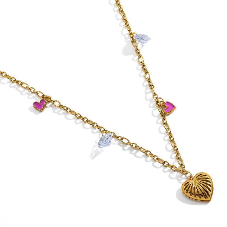 Cute Heart Charms 18K Gold Plated Zircon Star Heart 304 Stainless Steel Necklace