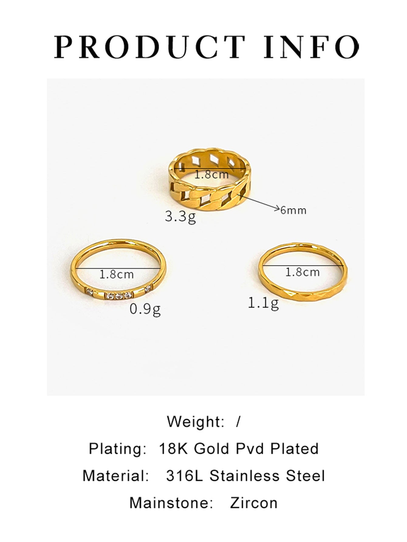 Modern 316L Stainless Steel PVD 18K Gold Plated Classic Ring Set