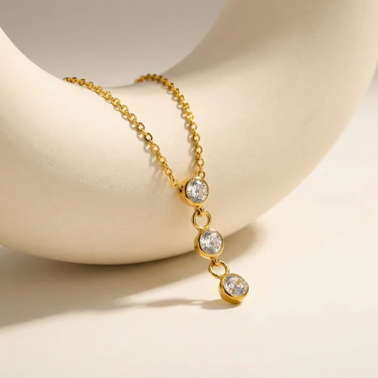 Three Electroplated Zirconia 18K Gold Plated 304 Stainless Steel Necklace