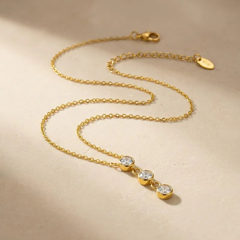 Three Electroplated Zirconia 18K Gold Plated 304 Stainless Steel Necklace