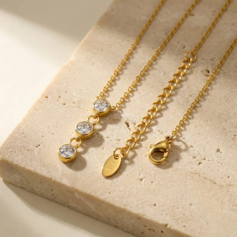 Three Electroplated Zirconia 18K Gold Plated 304 Stainless Steel Necklace