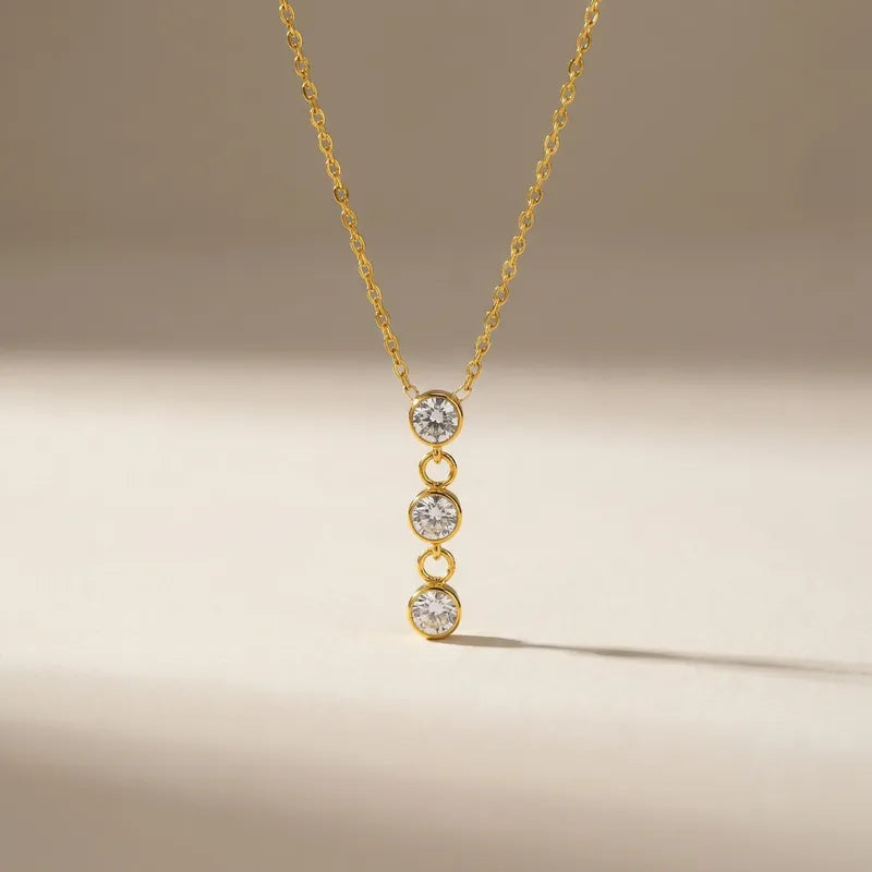 Three Electroplated Zirconia 18K Gold Plated 304 Stainless Steel Necklace