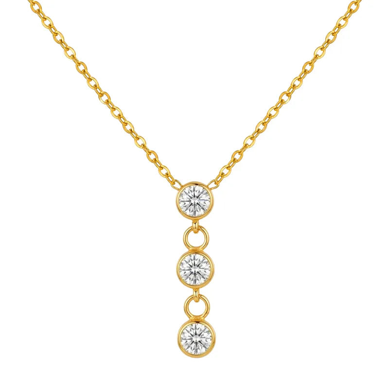 Three Electroplated Zirconia 18K Gold Plated 304 Stainless Steel Necklace
