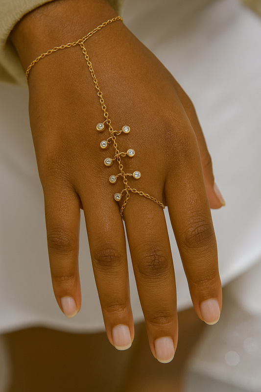 Nine Point Diamond Titanium Steel 18K Gold Plated Finger Chain