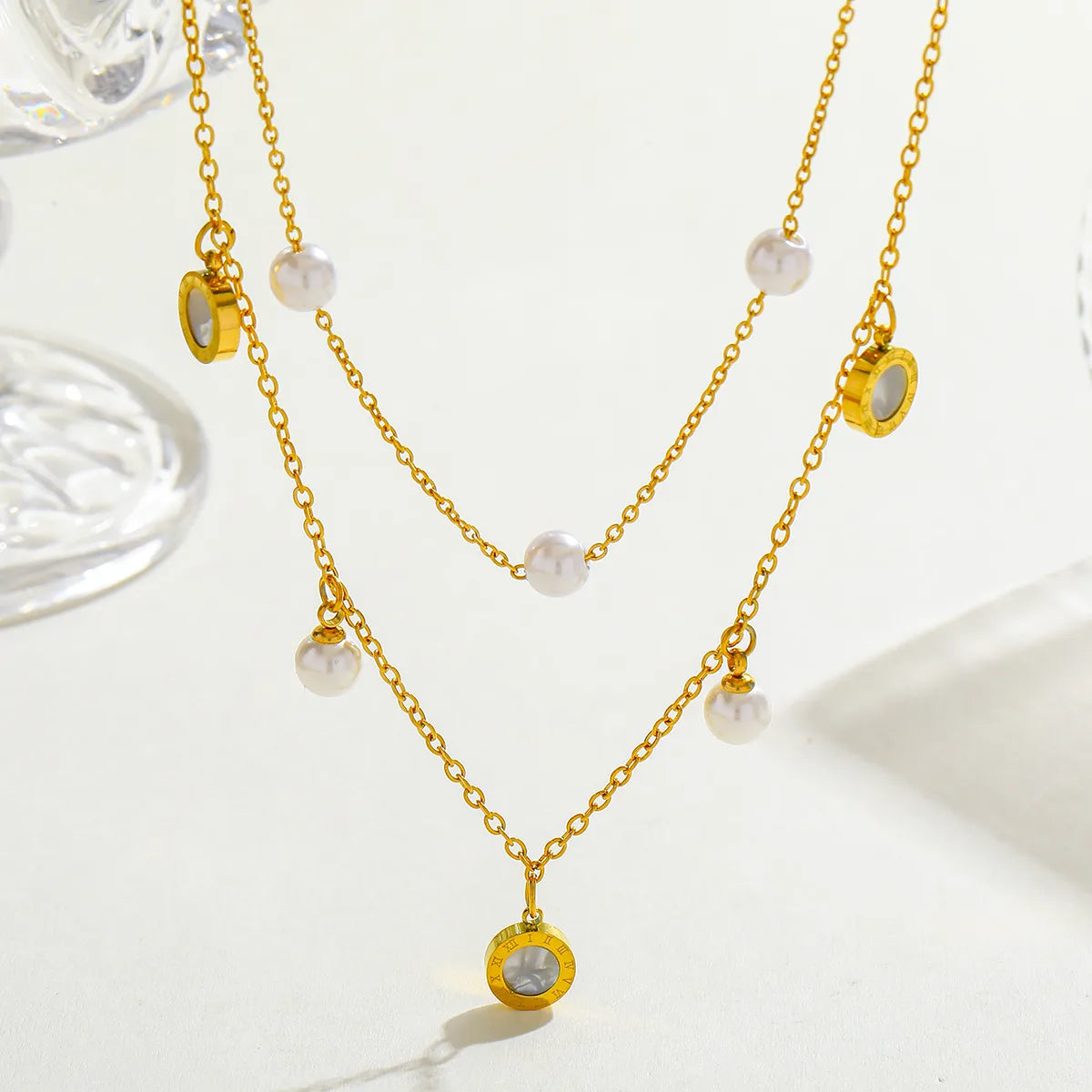 Roman Numeral Round Pearl Layered 18K Gold Plated and Stainless Steel Necklace