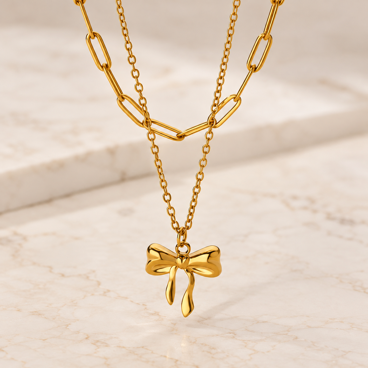 Bow PaperClip 304 Stainless Steel 18K Gold Plated Layered Necklace