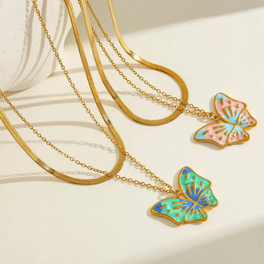 Double Layer Butterfly 304 Stainless Steel 18K Gold Plated Layered Necklace