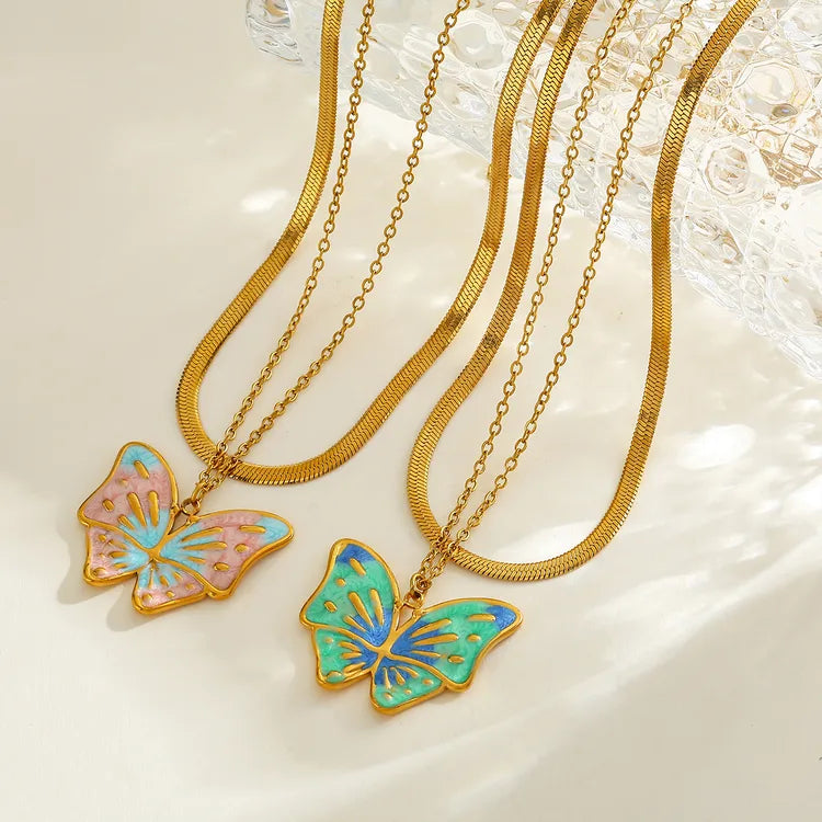 Double Layer Butterfly 304 Stainless Steel 18K Gold Plated Layered Necklace
