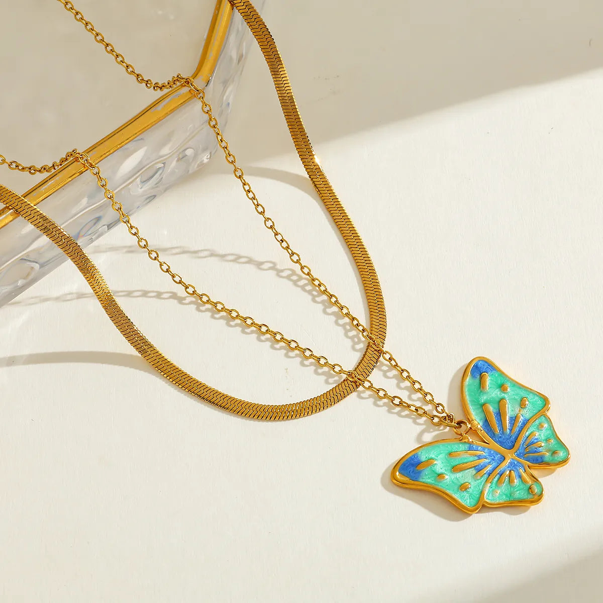 Double Layer Butterfly 304 Stainless Steel 18K Gold Plated Layered Necklace
