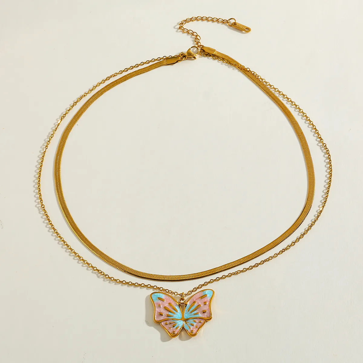 Double Layer Butterfly 304 Stainless Steel 18K Gold Plated Layered Necklace