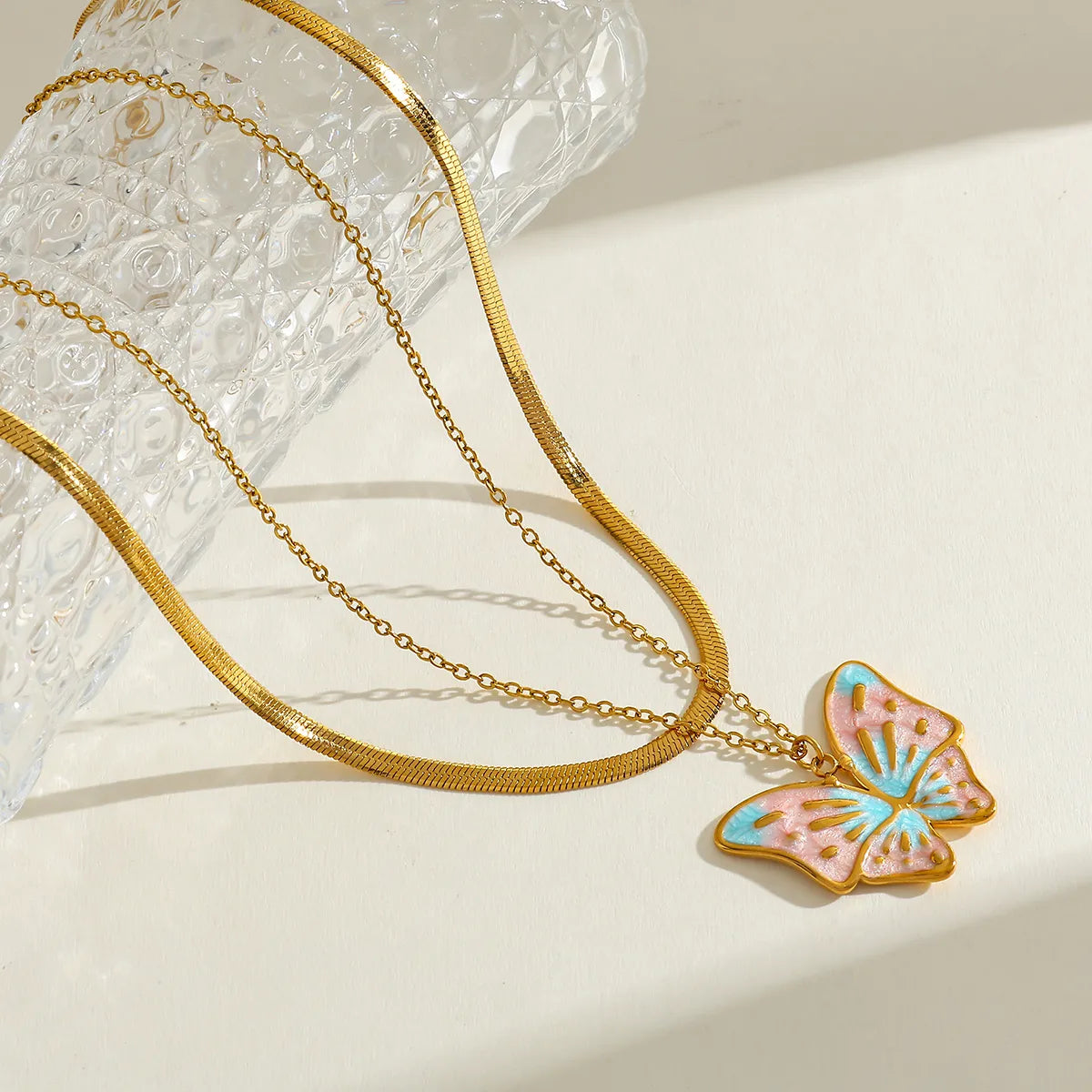 Double Layer Butterfly 304 Stainless Steel 18K Gold Plated Layered Necklace