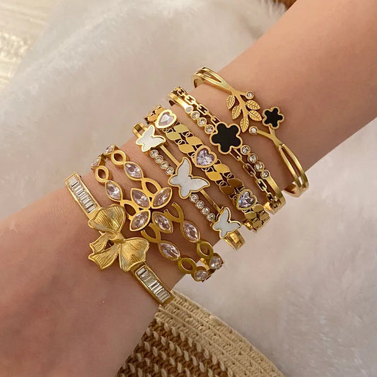 Flower Bow 304 Stainless Steel 18K Gold Plated Bangle