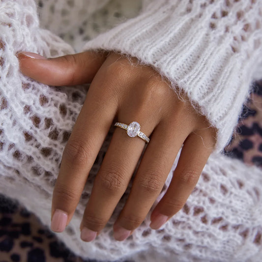 Classic 16K Gold Stainless Steel + Zircon Oval White Zircon Diamond Ring