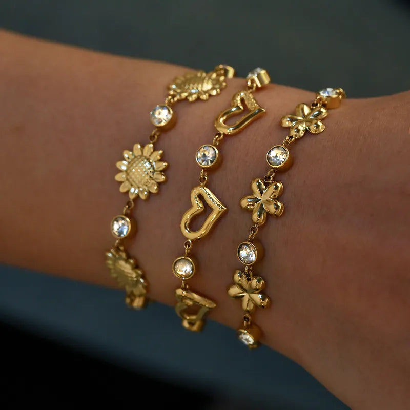 Heart Around Zirconia Embellished 18K Gold Plated 304 Stainless Steel Bracelet