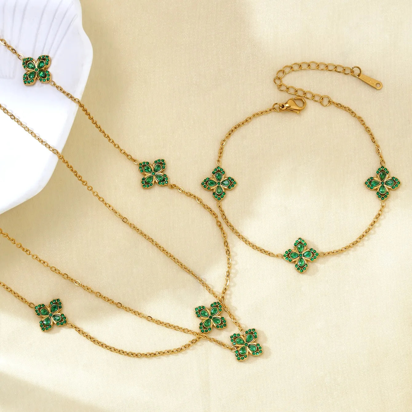 Luxury Flower 304 Stainless Steel 18K Gold Plated Zircon Necklace Bracelet Set