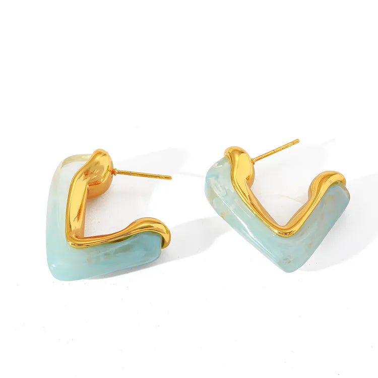 Resin Embedded 18K Gold Plated Stainless Steel C-Shaped Flower Ear Studs