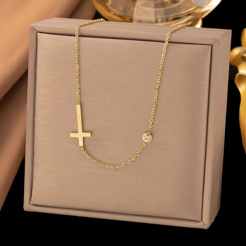 Horizontal Cross Zirconia 18K Gold Plated 304 Stainless Steel Necklace