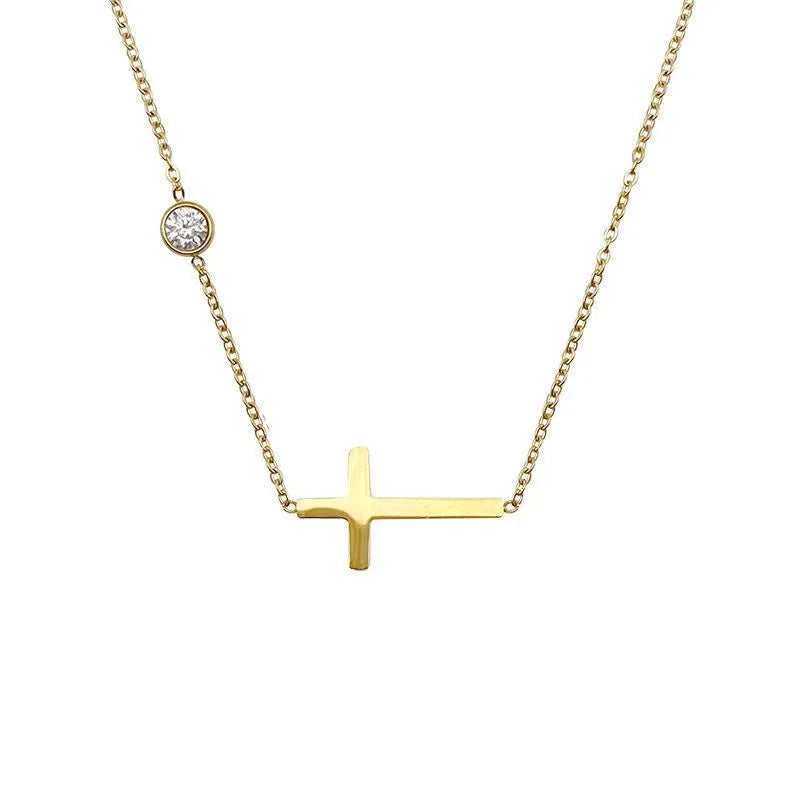 Horizontal Cross Zirconia 18K Gold Plated 304 Stainless Steel Necklace