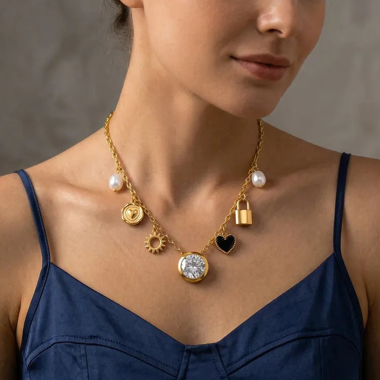 Multi Charms 304 Stainless Steel 18K Gold Plated PVD Coating and Rhinestones Necklace