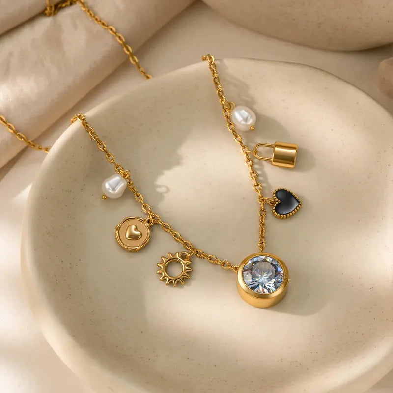 Multi Charms 304 Stainless Steel 18K Gold Plated PVD Coating and Rhinestones Necklace