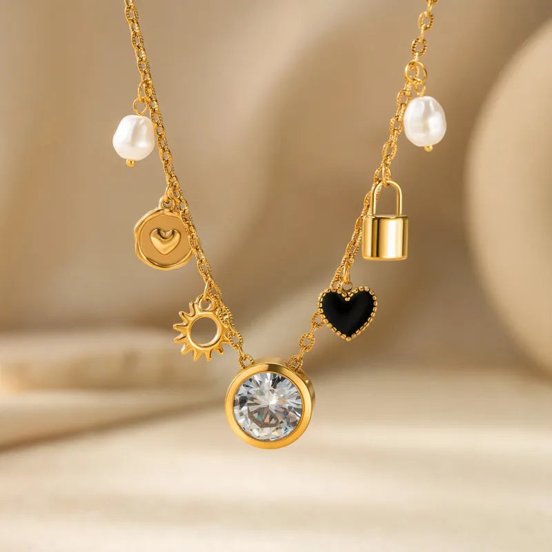 Multi Charms 304 Stainless Steel 18K Gold Plated PVD Coating and Rhinestones Necklace