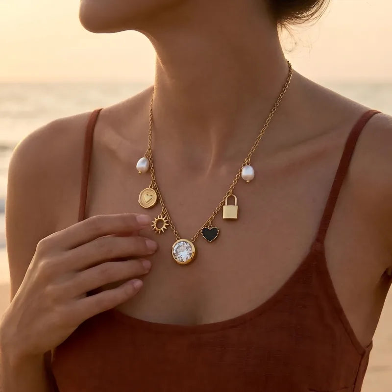 Multi Charms 304 Stainless Steel 18K Gold Plated PVD Coating and Rhinestones Necklace