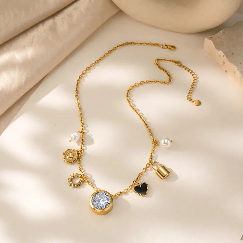 Multi Charms 304 Stainless Steel 18K Gold Plated PVD Coating and Rhinestones Necklace