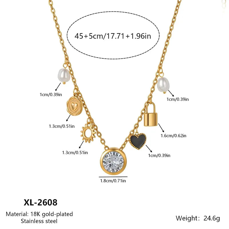 Multi Charms 304 Stainless Steel 18K Gold Plated PVD Coating and Rhinestones Necklace