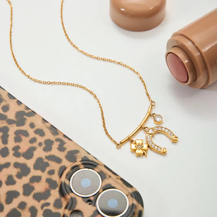 Horseshoe Smiley Four Leaf Charm Pendant 18K Gold Plated Stainless Steel Necklace