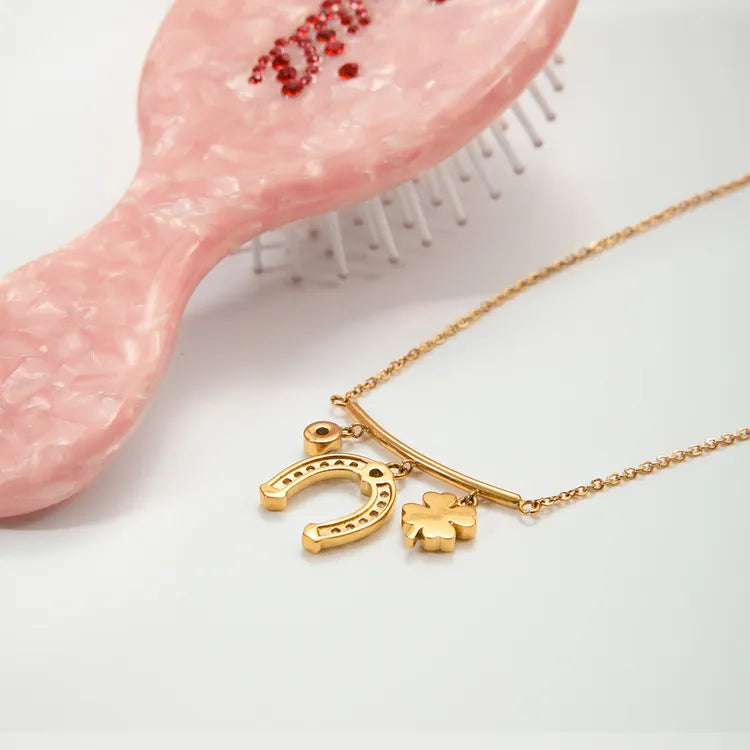 Horseshoe Smiley Four Leaf Charm Pendant 18K Gold Plated Stainless Steel Necklace