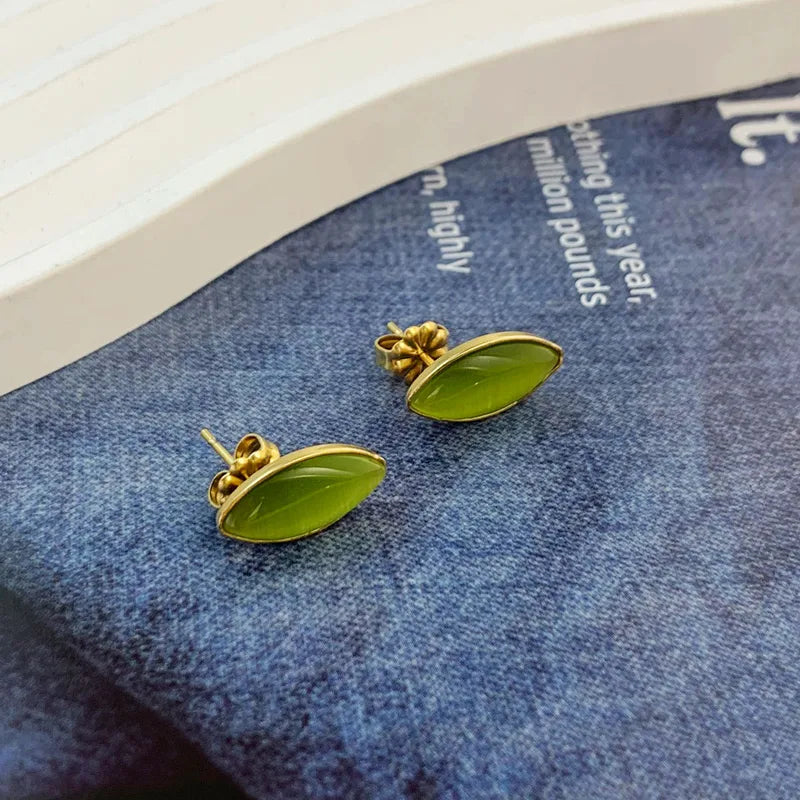 Green Oval Enamel 304 Stainless Steel 18K Gold Plated Ear Stud