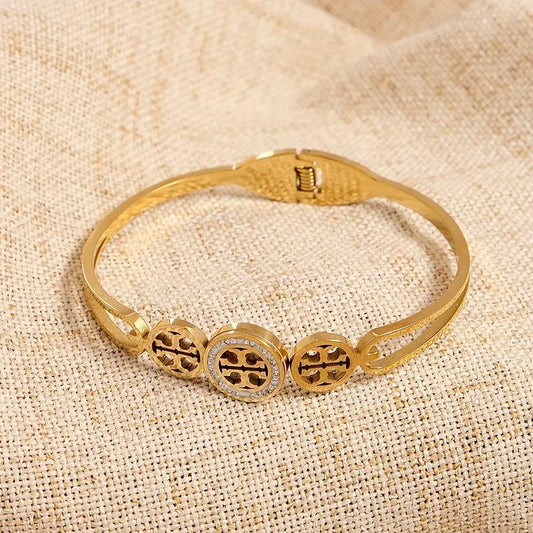 Tory Burch Style 304 Stainless Steel 18K Gold Plated Zircon Bangle
