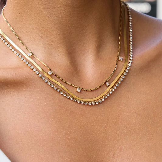 Classic Zirconia Necklace 18K Gold Plated Stainless Steel Multi Layer Necklace