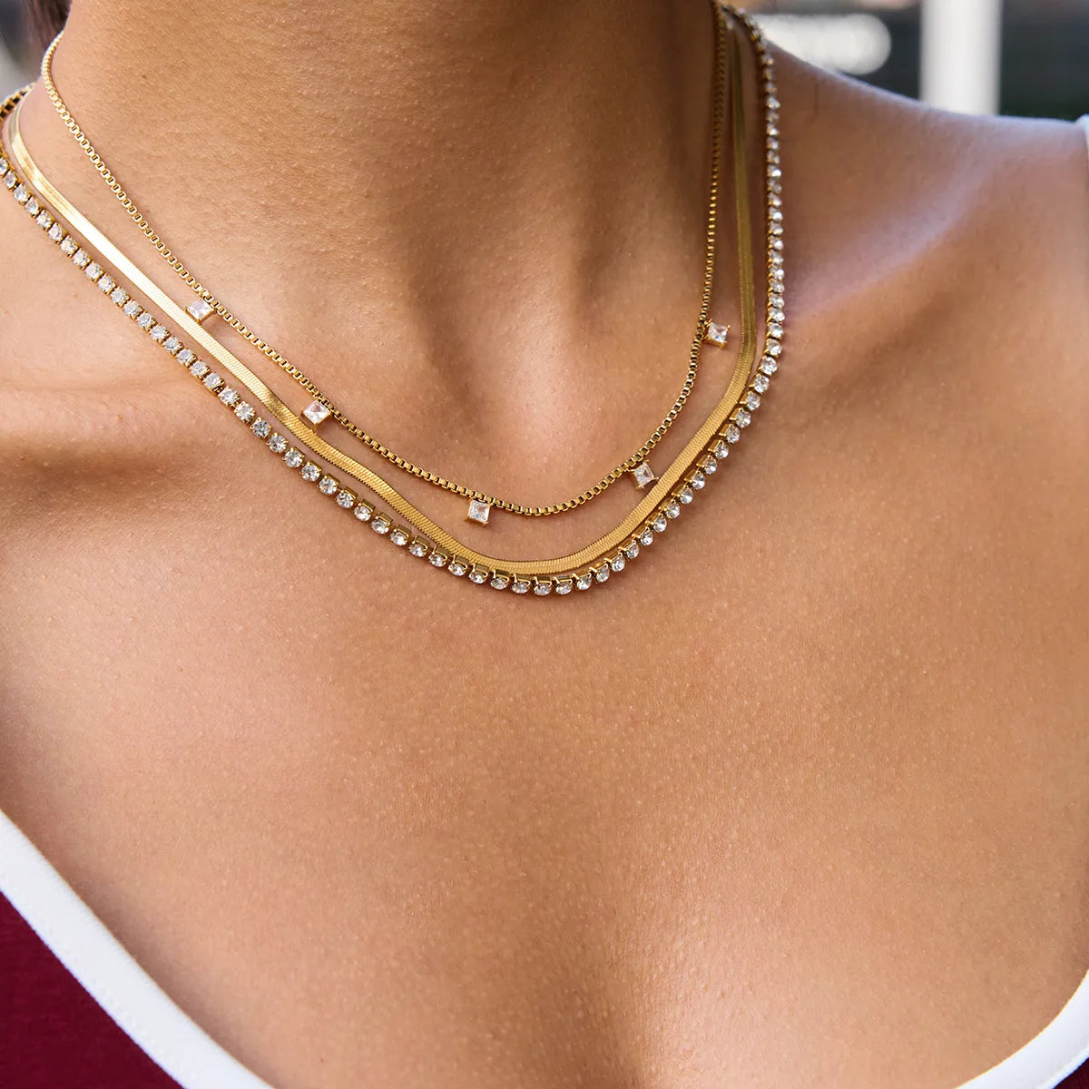Classic Zirconia Necklace 18K Gold Plated Stainless Steel Multi Layer Necklace